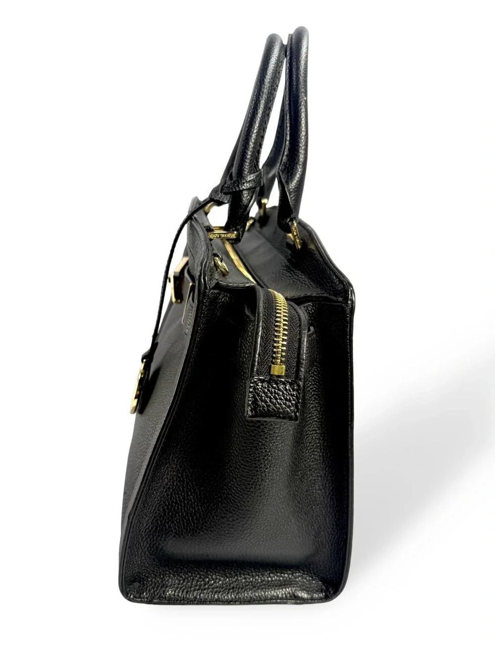 Michael Kors Black Pebbled Leather Satchel with Gold Accents